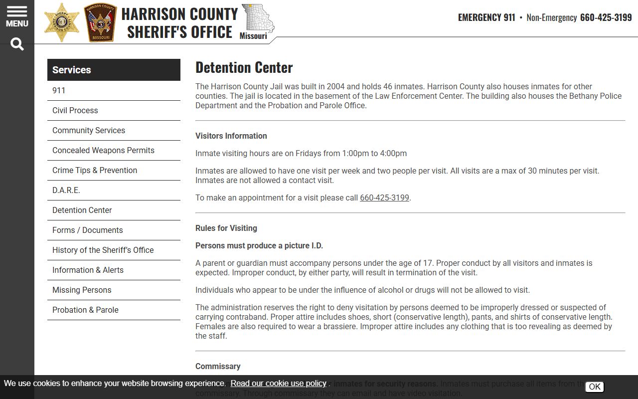 Harrison County detention center information page with capacity, visitation, commissary, InmateCanteen, and mail rules