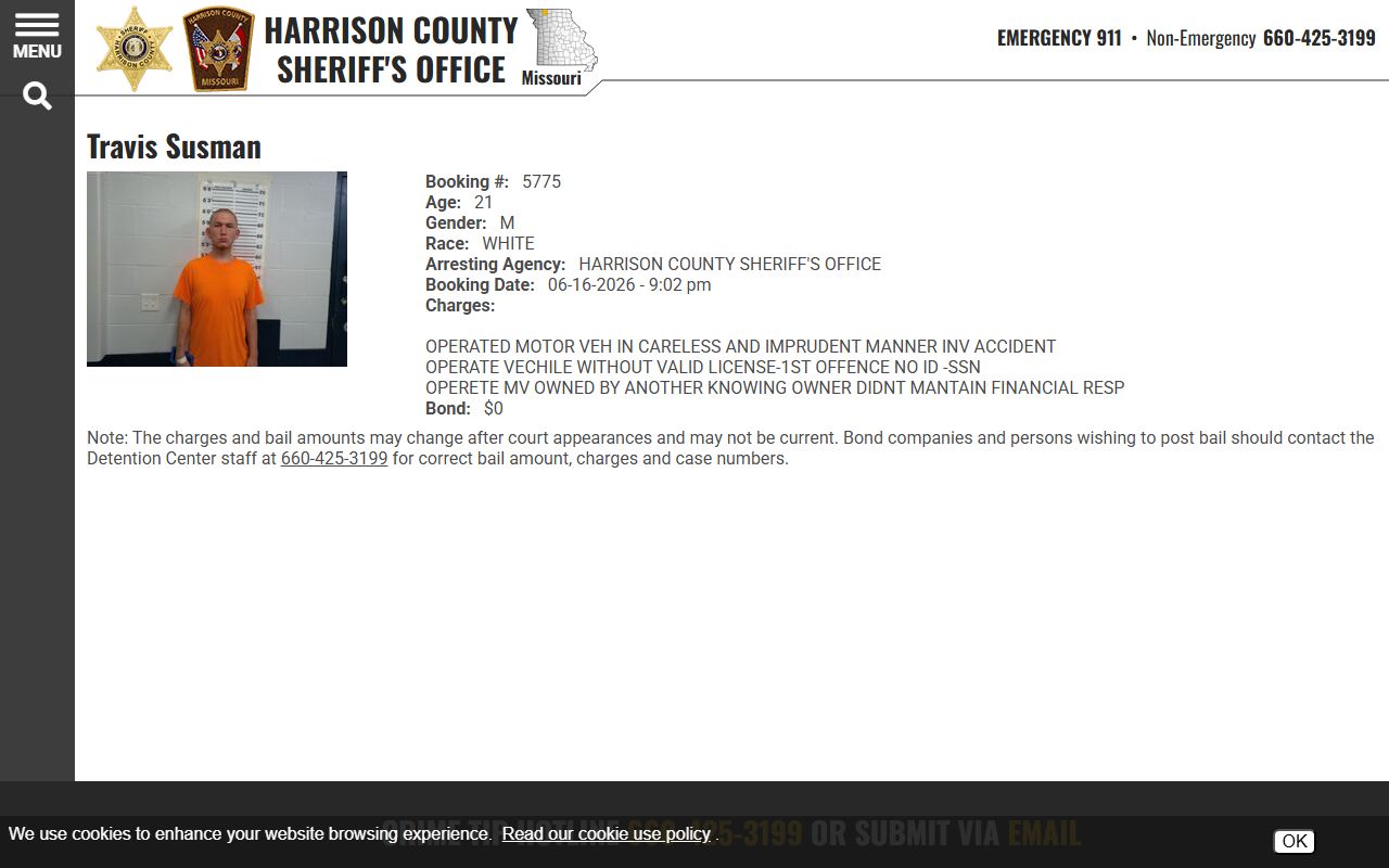Sample Harrison County public inmate profile showing booking number, demographics, arresting agency, charges, bond, and mugshot